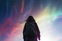 Woman with a backpack looking up into the sky outdoors nature galaxy. AI generated Image by rawpixel.
