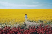 A happy girl run floating with a dog landscape flower field. AI generated Image by rawpixel.