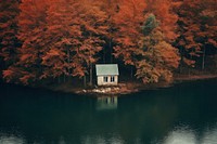 A littel house in woodland with lake landscape outdoors nature. AI generated Image by rawpixel.