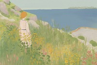 Hill of grass has tall grass and a beautiful sea landscape outdoors painting. AI generated Image by rawpixel.