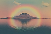 A lake with a mountain in the background rainbow landscape outdoors. AI generated Image by rawpixel.