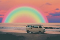 A van next to the ocean outdoors rainbow vehicle. AI generated Image by rawpixel.