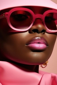 A fat black women wear fashionable pink sunglasses portrait adult photo. 