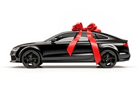 A black car wrapped with big red bow vehicle wheel white background. AI generated Image by rawpixel.