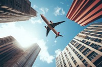 A plane flying over high rise buildings architecture aircraft airplane. AI generated Image by rawpixel.