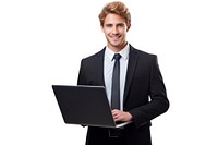 A business man carrying a laptop computer adult white background. AI generated Image by rawpixel.