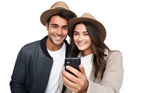 A couple taking selfie holding adult photo. 