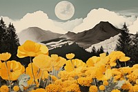 Yellow flowers and mountain landscape outdoors nature. AI generated Image by rawpixel.