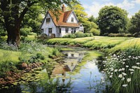 White cottage grass pond architecture. AI generated Image by rawpixel.