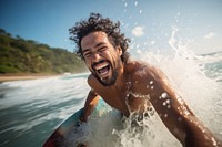 Happy Latino man laughing outdoors nature. AI generated Image by rawpixel.