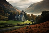 House sitting amidst mountains landscape architecture outdoors. AI generated Image by rawpixel.