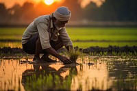 Indian farmer planting in rice paddy outdoors nature field. AI generated Image by rawpixel.
