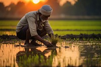 Indian farmer planting in rice paddy outdoors nature field. 