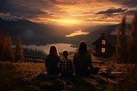 Family in a lodge against the background of the nature architecture landscape outdoors. AI generated Image by rawpixel.
