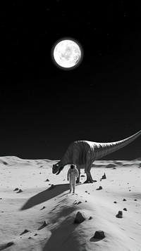 An astronomy walking on the moon with a dinosaur outdoors nature animal. 