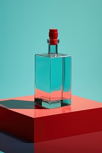Perfume bottle stands on top of the white cube blue aqua red. AI generated Image by rawpixel.