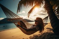A woman sleeping in a hammock under the coconut tree on the beach vacation glasses adult. AI generated Image by rawpixel.