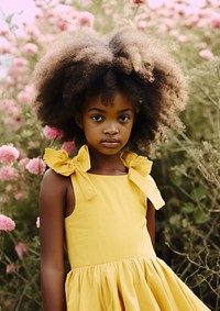 A black girl wearing yellow dress and a pink bow hair clip in the yellow flowers garden portrait photography child. AI generated Image by rawpixel.
