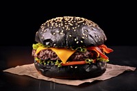 A charcoal bread burger with cheddar cheese and bacon on the wood table sesame food hamburger. 