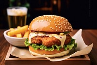 A chicken burger with chedda cheese and bacon on the wood table food restaurant hamburger. AI generated Image by rawpixel.