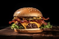 A chicken burger with chedda cheese and bacon on the wood table food black background hamburger. AI generated Image by rawpixel.