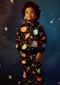 A little black boy wearing cute galaxy pattern outfit photography portrait child. AI generated Image by rawpixel.