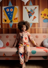 A little black girl wearing cute unform with circus pattern standing on a sofa in the cute room photography furniture portrait. AI generated Image by rawpixel.