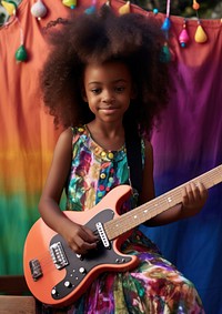 A little black girl wearing colorful dress and makeup playing guitar musician child cute. AI generated Image by rawpixel.