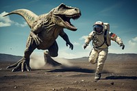 An astronaut running away from a dinosaur animal day wildlife. 