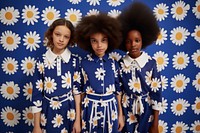 Little three black girl big daisy pattern navy shirt adult togetherness friendship. AI generated Image by rawpixel.