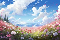 Capture a colorful meadow filled with flowers and an open sky landscape outdoors blossom. AI generated Image by rawpixel.