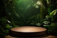 Wooden circle podium in tropical forest for product presentation and green background nature plant tree. AI generated Image by rawpixel.