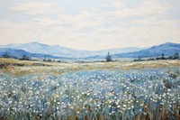 Field of blue flowers landscape painting outdoors. 