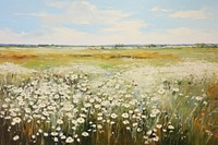 Field of daisy landscape painting grassland. 