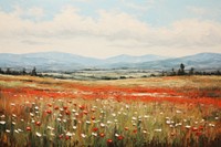 Field of red flowers landscape painting grassland. AI generated Image by rawpixel.