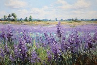 Field of purple flowers painting landscape lavender. 