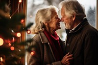 Couple kiss by a christmas tree romantic romance winter. AI generated Image by rawpixel.