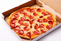 Pizza box pepperoni inside top open food cardboard freshness. AI generated Image by rawpixel.