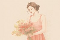 Woman holding bouquet flower background painting portrait adult. AI generated Image by rawpixel.