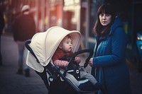 A mother pushing a stroller with a baby boy family adult togetherness. AI generated Image by rawpixel.