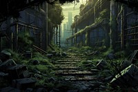 Overgrown post apocalyptic architecture screenshot abandoned. AI generated Image by rawpixel.