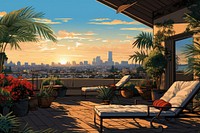 Rooftop balcony penthouse architecture furniture cityscape. 