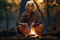 Elderly thai woman sitting fire campfire. AI generated Image by rawpixel.
