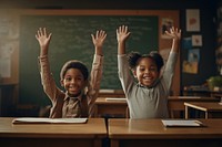A happy african american boy and girl raises them hand blackboard classroom portrait. AI generated Image by rawpixel.