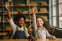 A happy african american boy and girl raises them hand school architecture classroom. AI generated Image by rawpixel.