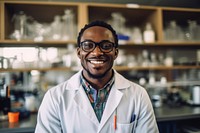 Smiling black people student laboratory scientist glasses. 