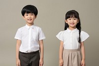 Two asian kids dresses blank white mandarin collar shirt sleeve child cute. 