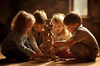 Kids building blocks child togetherness relaxation. AI generated Image by rawpixel.