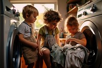 Kids doing laundry appliance dryer child. AI generated Image by rawpixel.