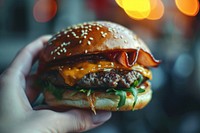Hand holding burger food hamburger vegetable. AI generated Image by rawpixel.